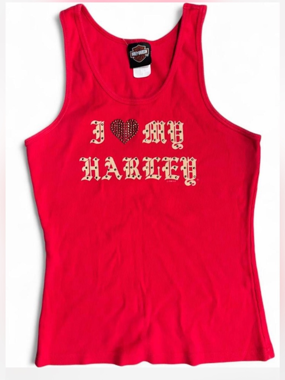 Harley Davidson Red Ribbed sleeveless tank top XL Y2K Rhinestone Heart Biker